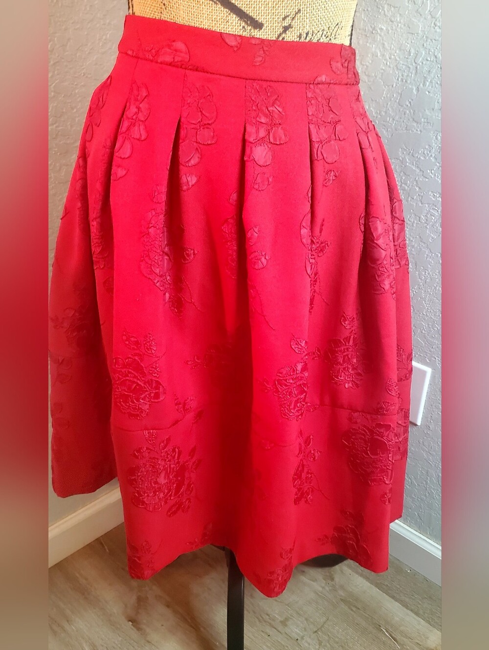 Elle Red Embroidered A-Line Skirt -